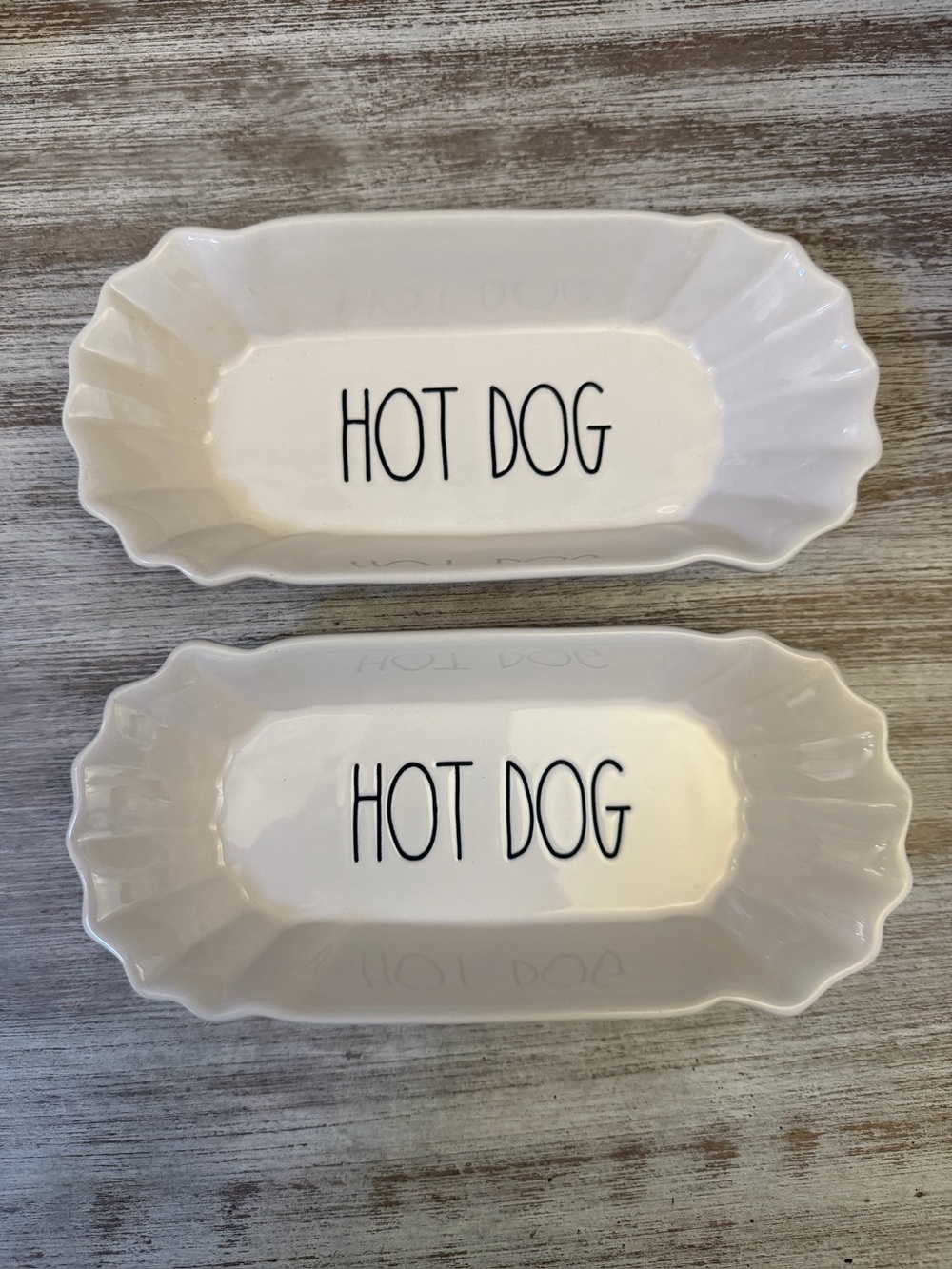 NWT Rae Dunn White "HOT DOG" Ceramic Food Dishes (2)